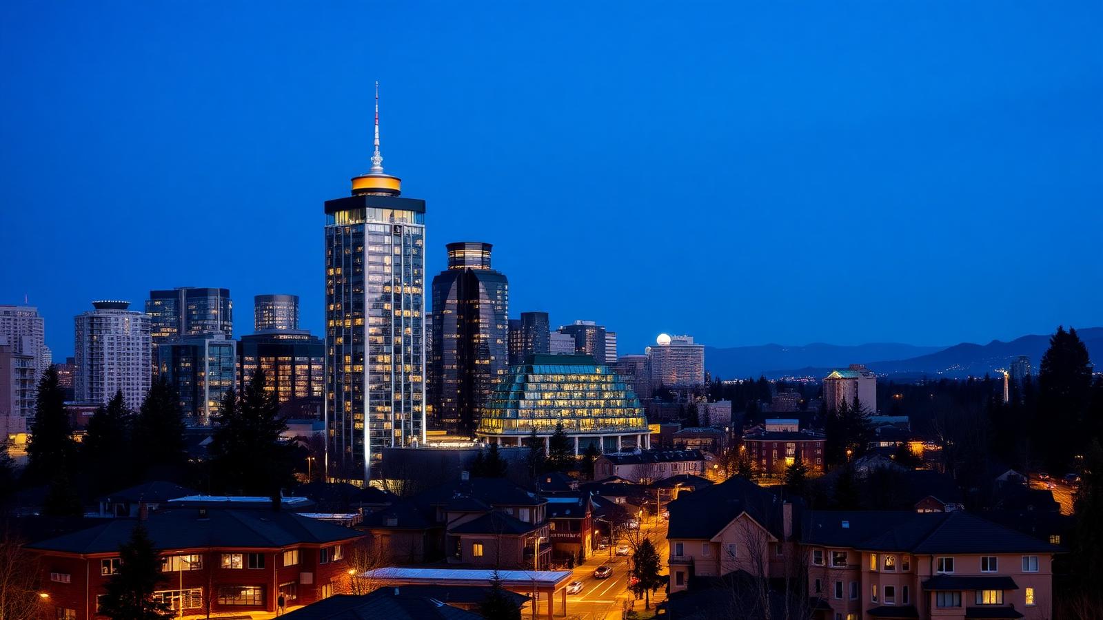 Bellevue mortgage broker — downtown Bellevue skyline at blue hour with Eastside high-rise condos in King County, Washington