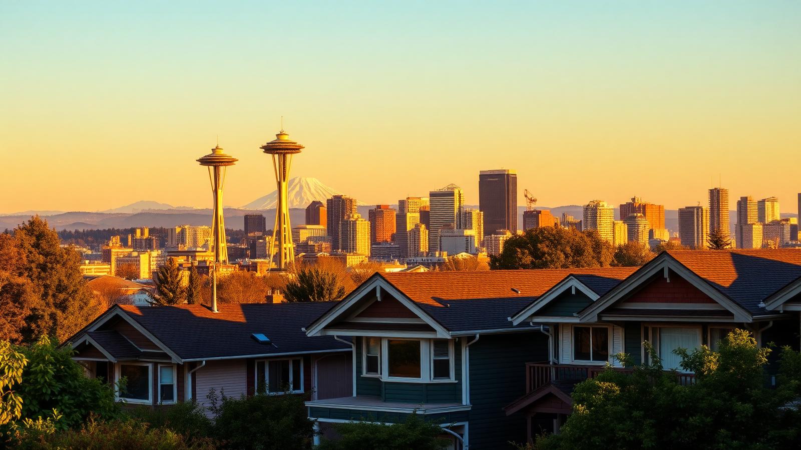 Seattle mortgage broker — downtown Seattle skyline with Space Needle, Mount Rainier, and craftsman homes in King County, Washington