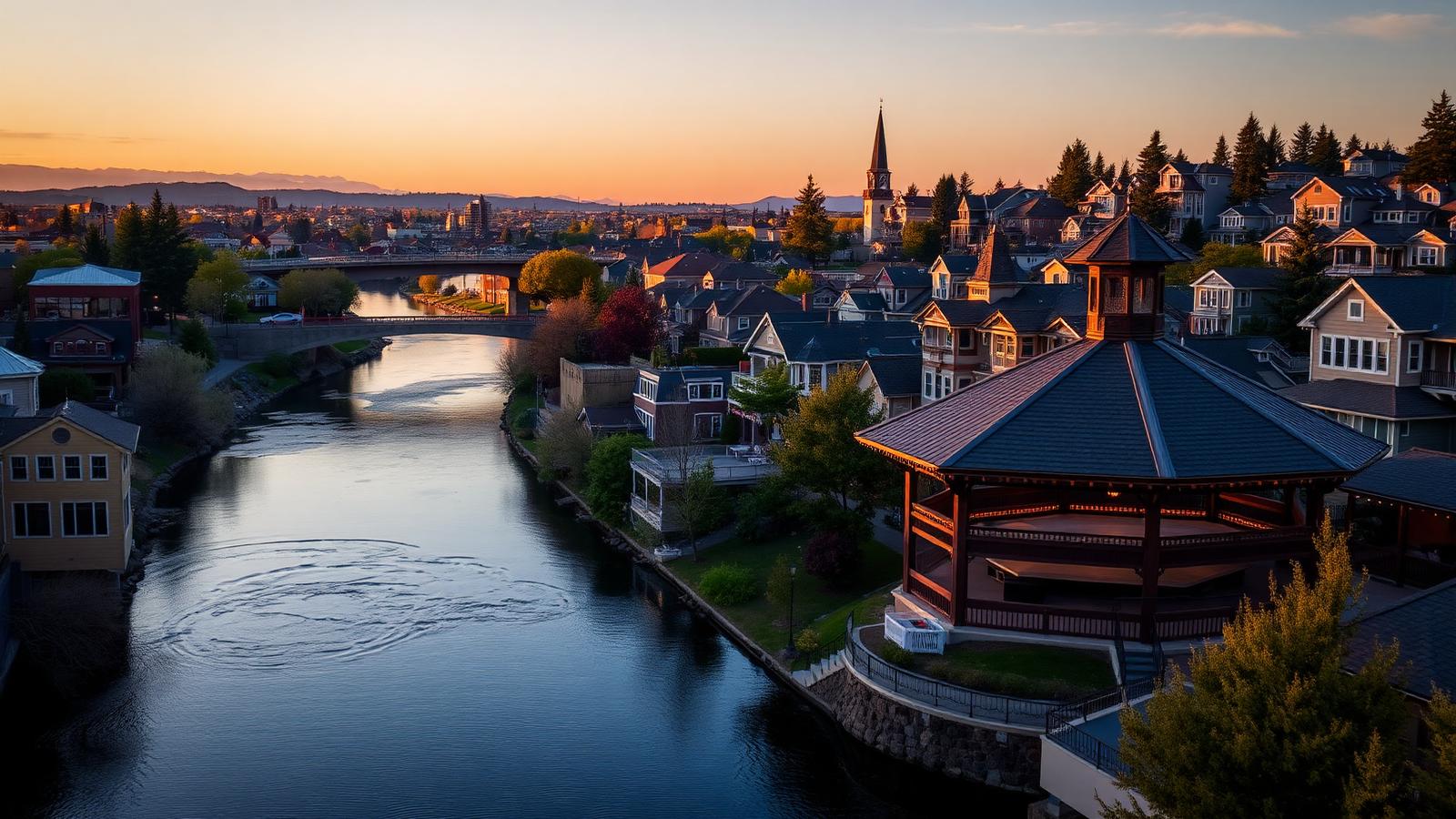 Spokane mortgage broker — Spokane River and Riverfront Park pavilion with South Hill homes in Spokane County, Washington