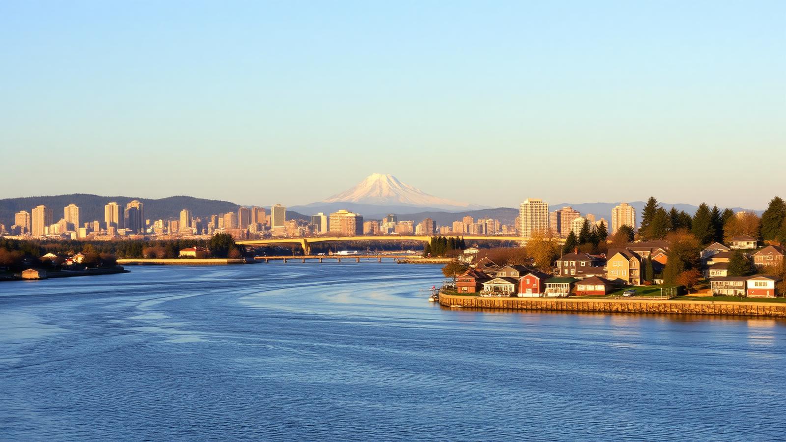 Vancouver WA mortgage broker — Columbia River waterfront with downtown Vancouver skyline and Mount Hood in Clark County, Washington